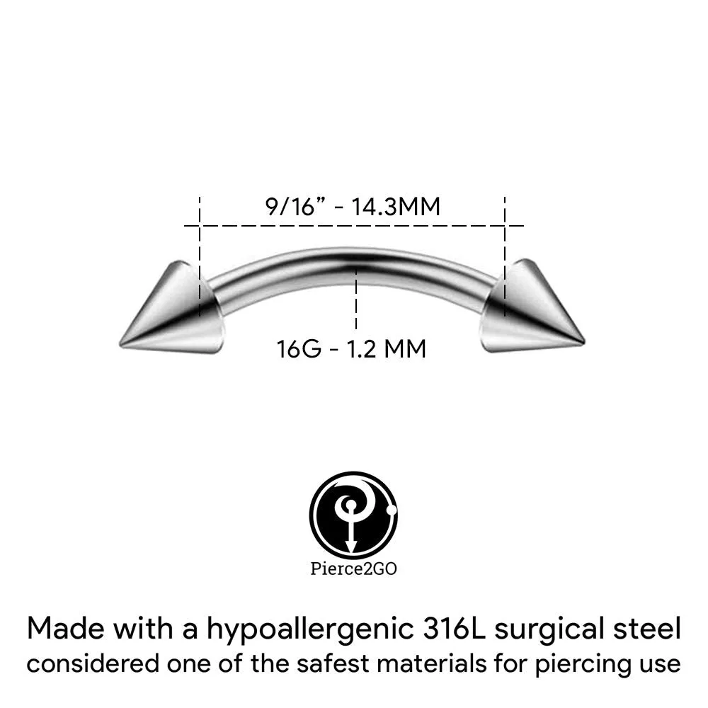 Pierce2GO 4 Pcs 16G 316L Stainless Steel Curved Spiked Snake Eye Bite Kit Eyebrow Ear Navel Tongue Belly Lip Ring Set 9/16" Barbell Body Piercing Jewelry